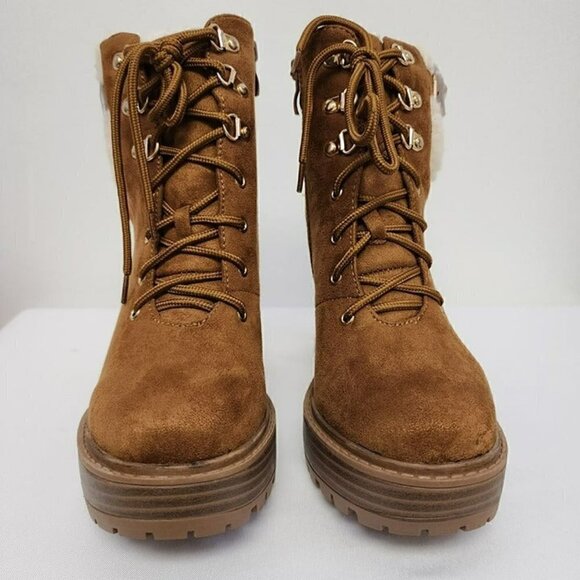 Brown Faux Suede Shearling Cuff Lug Sole Booties 7.5 - Picture 3 of 12